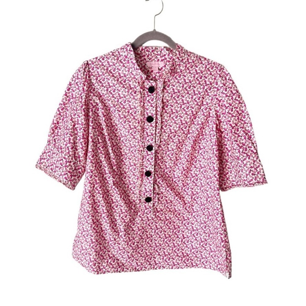 Lilly Pulitzer Palm Beach Pink Pear Ruffle Top Size 12 100% Cotton Preppy Mod
